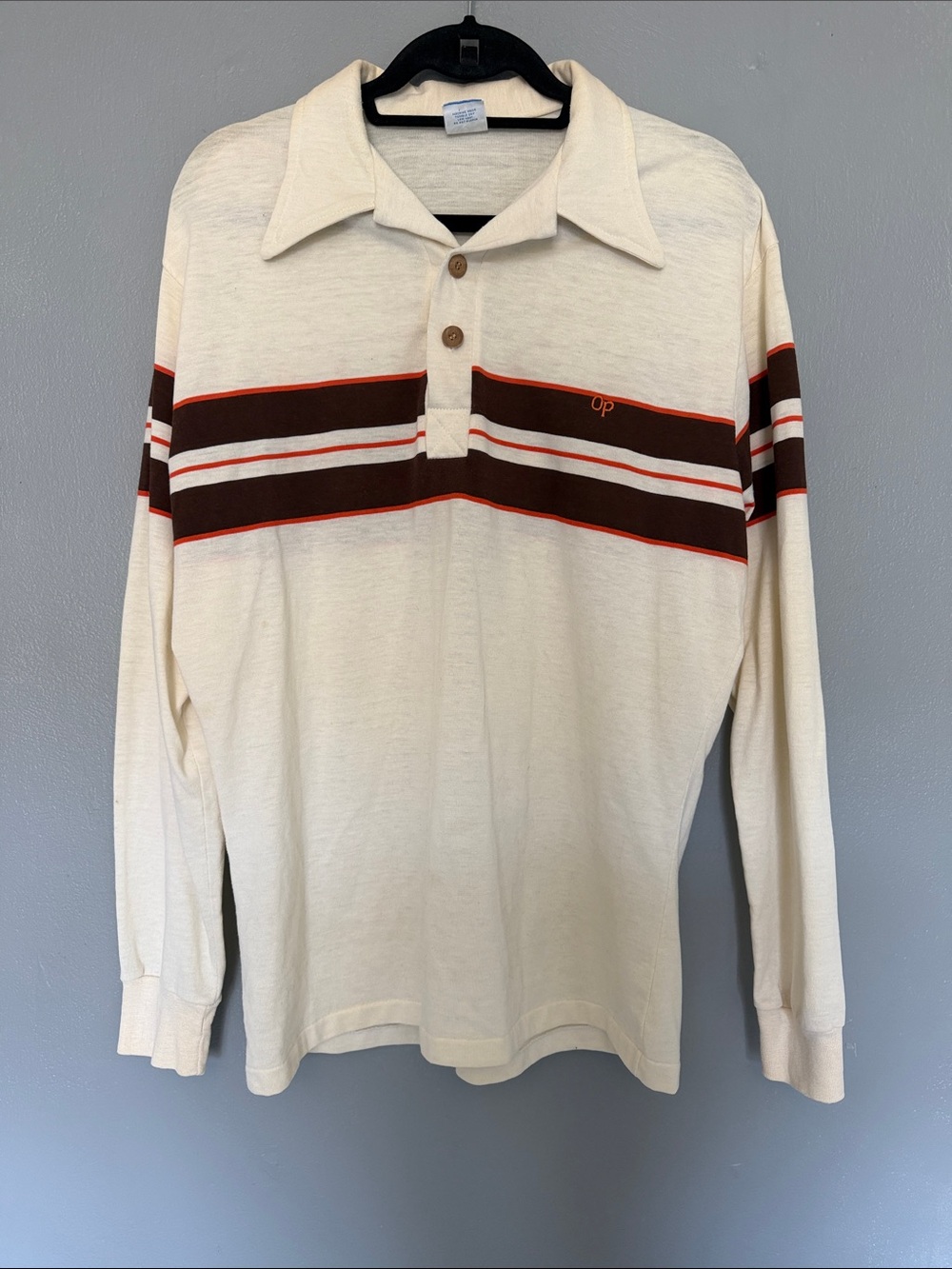 VTG 70s 80s Ocean Pacific OP Long Sleeve Striped Polo Shirt Cream Brown